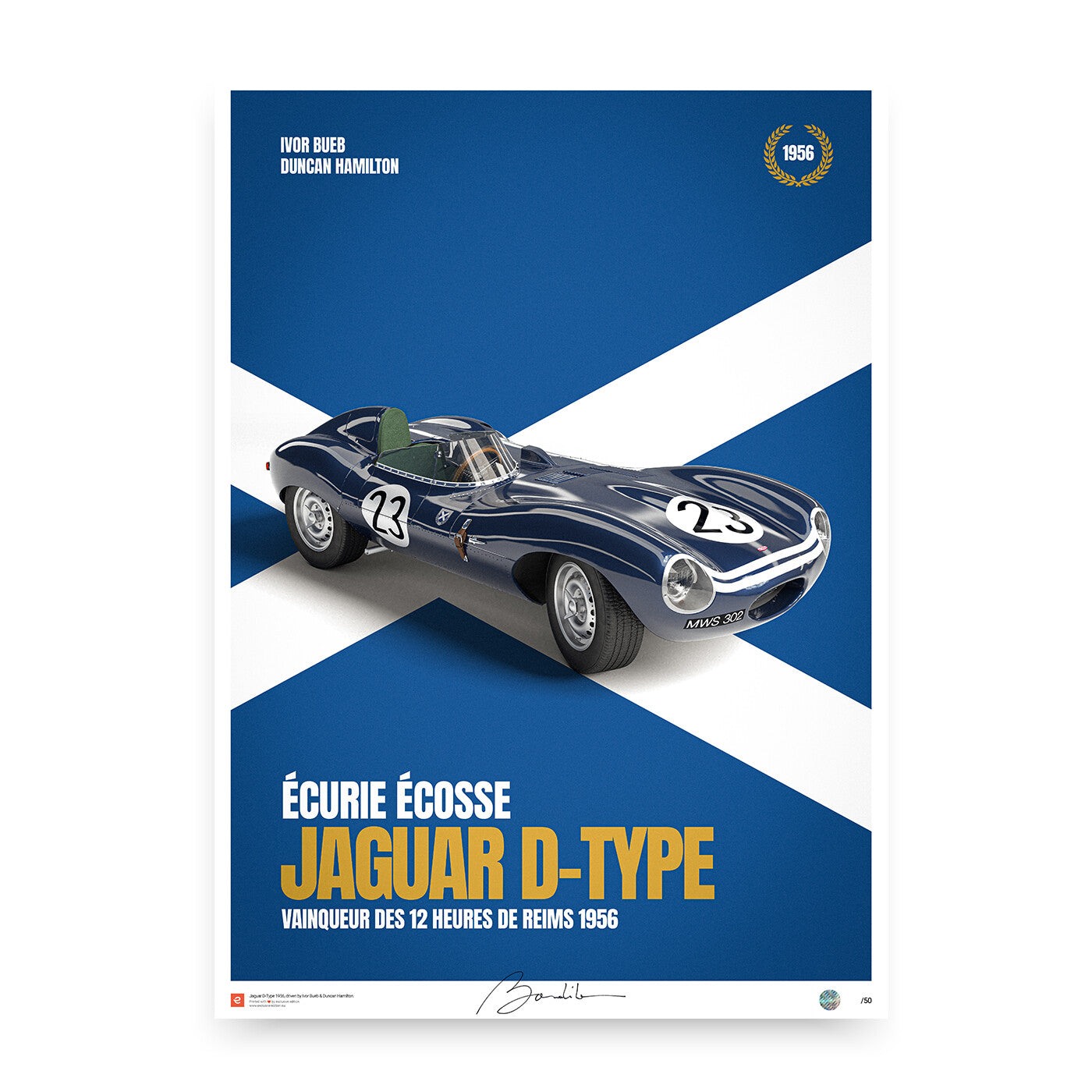 Jaguar D-Type Ecurie Ecosse – 12h de Reims 1956 -  Limited Edition Poster